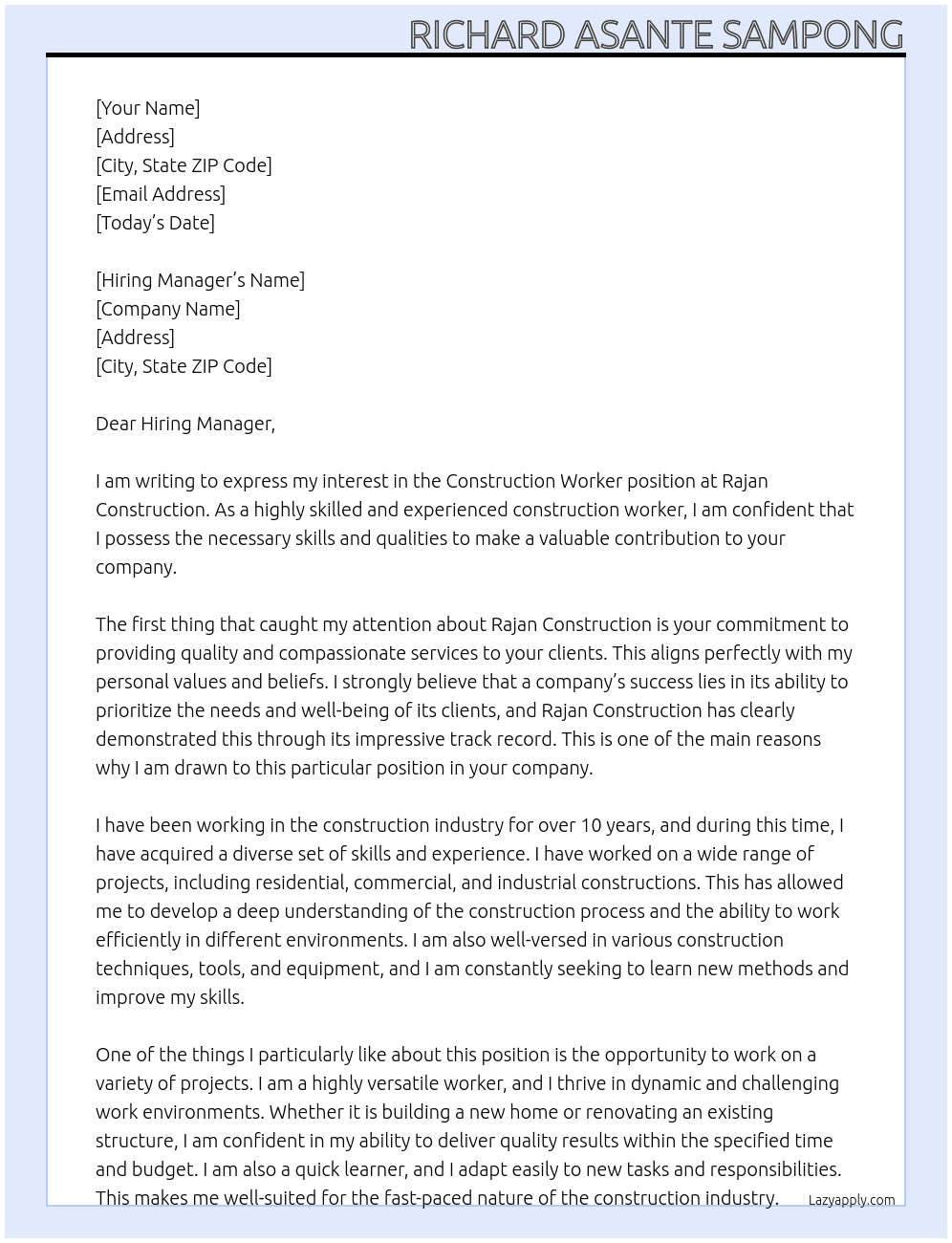 Construction worker At Rajan Construction Cover Letter