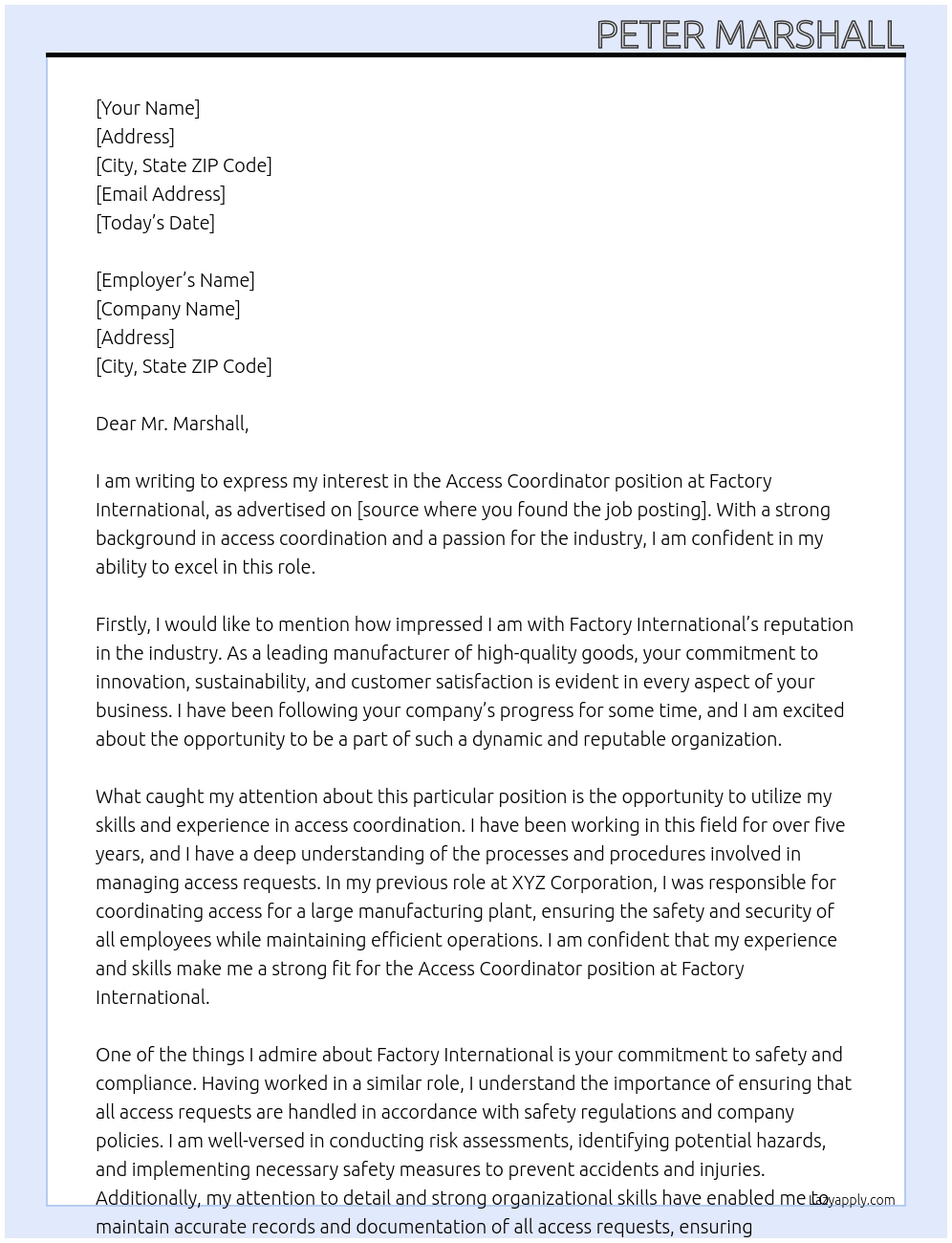 Access Coordinator At Factory International Cover Letter