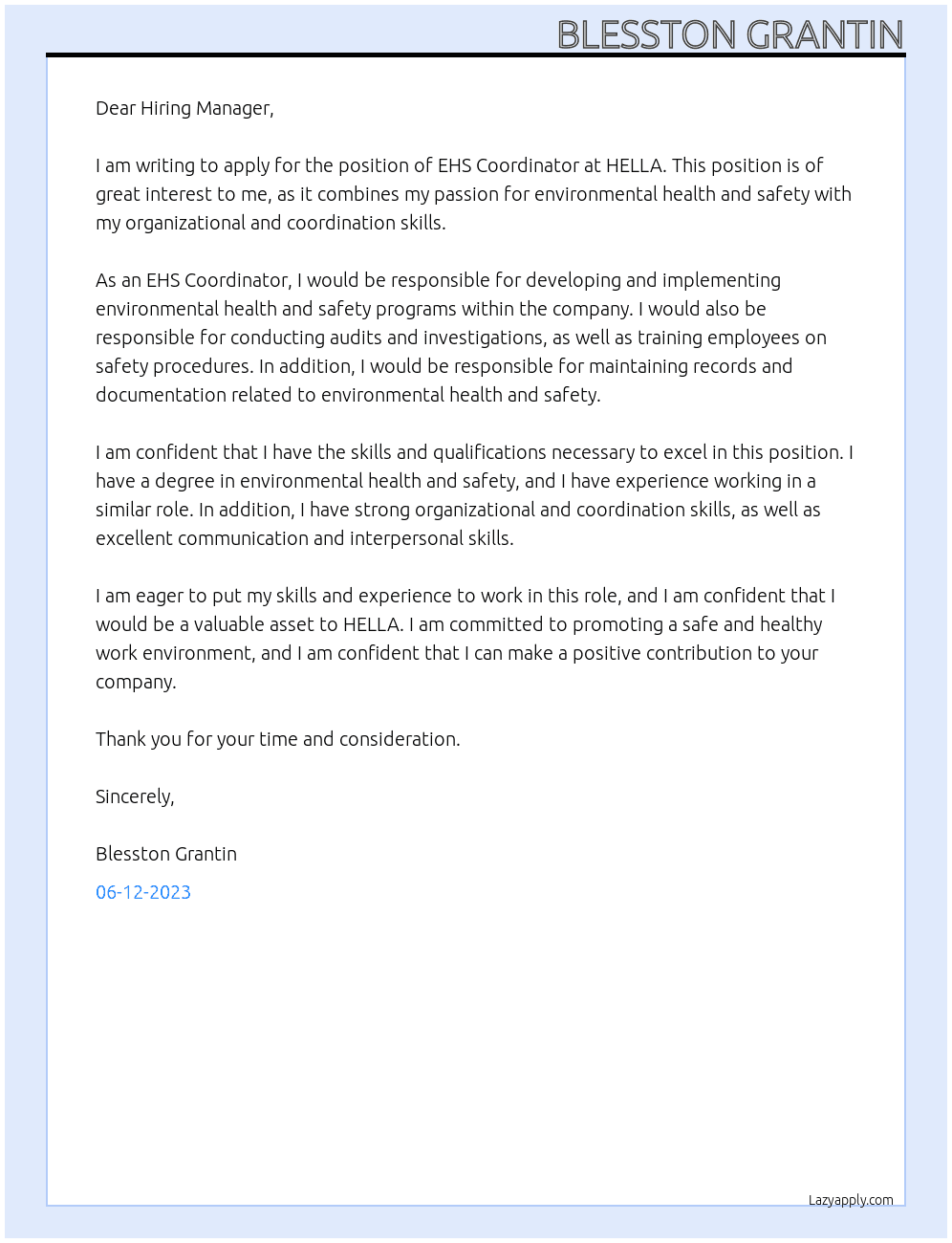 EHS COORDINATOR At HELLA Cover Letter