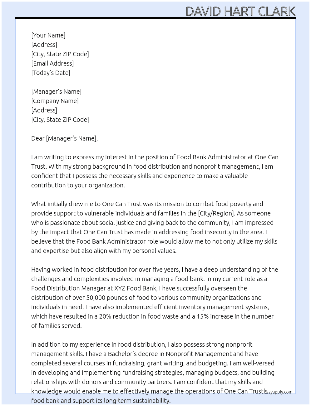Food Bank Administrator At One Can Trust Cover Letter