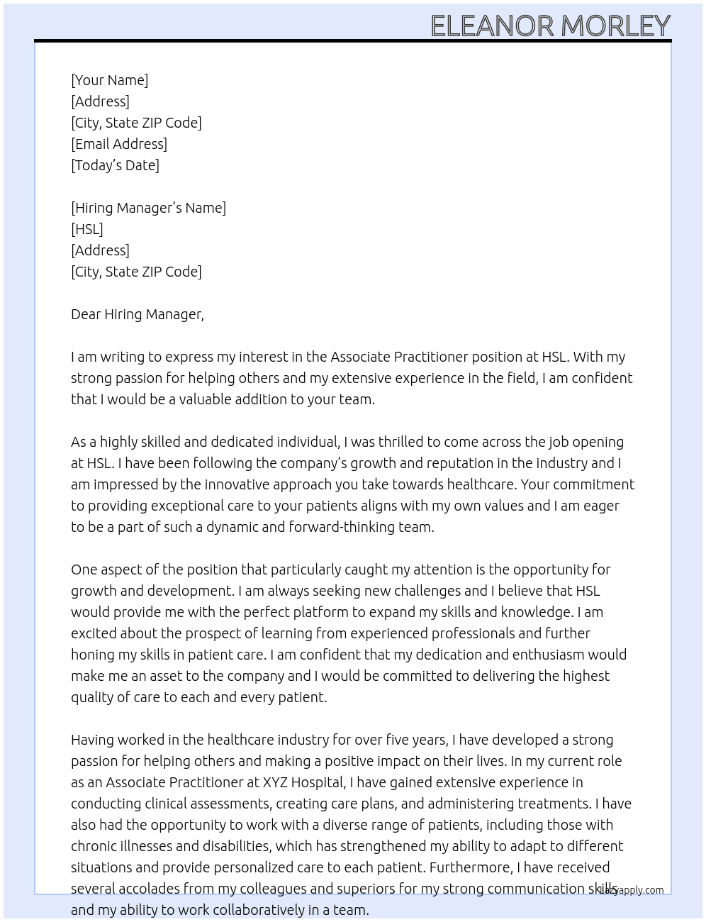 Associate Practitioner At HSL Cover Letter