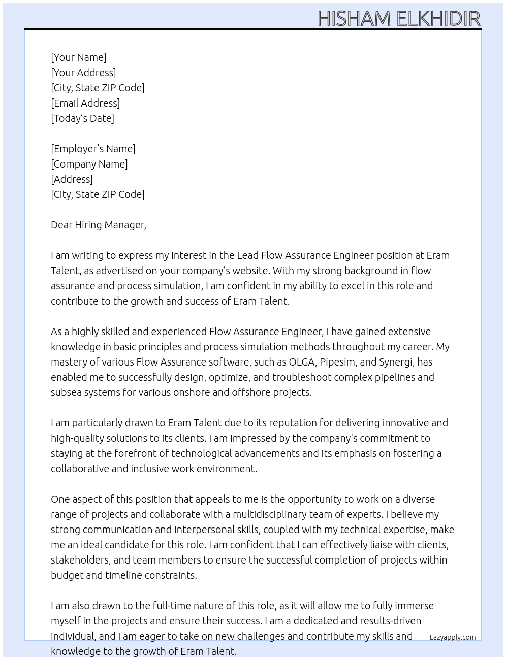 Lead Flow Assurance Engineer At Eram Talent Cover Letter