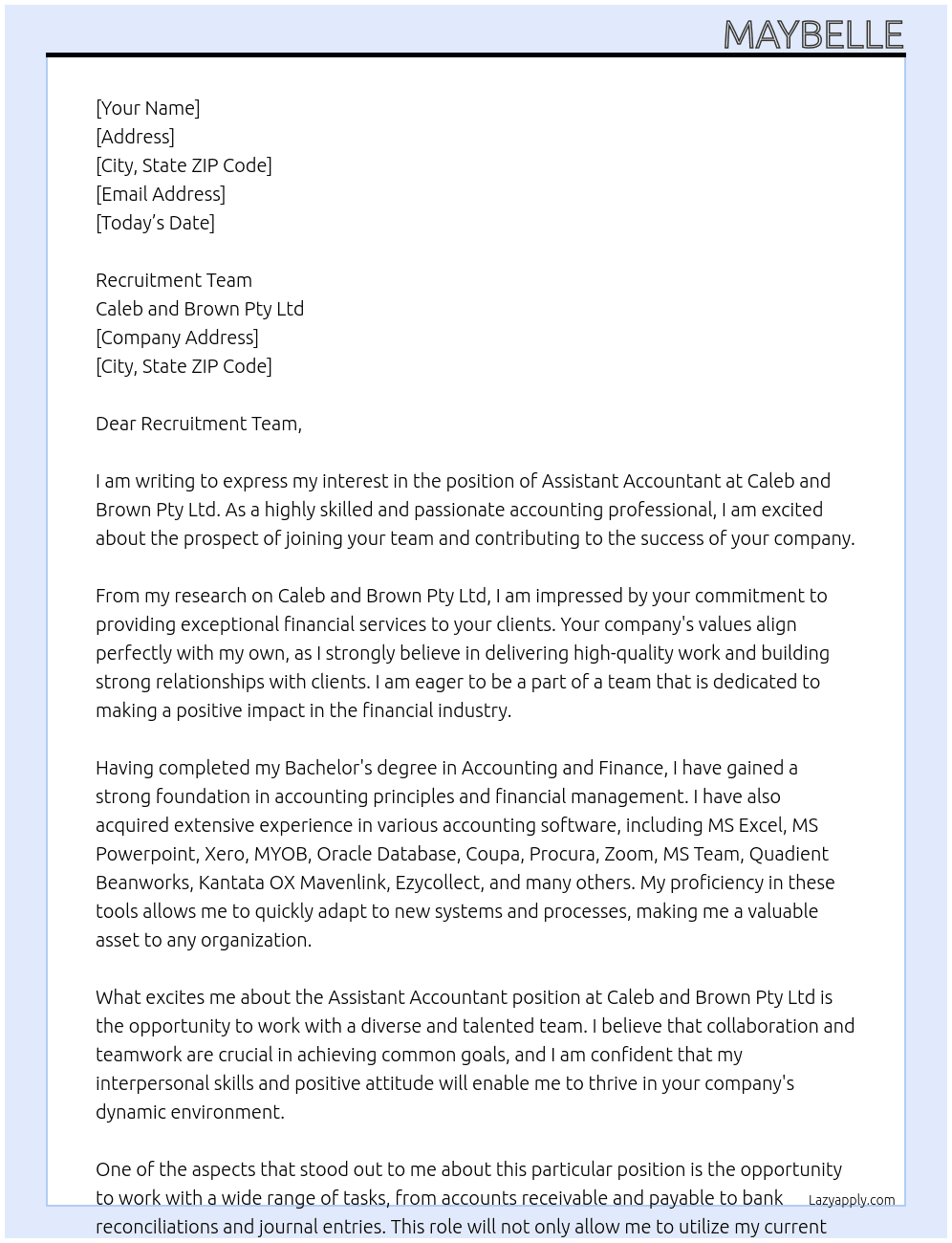 Assistant Accountant At Caleb and Brown Pty Ltd Cover Letter