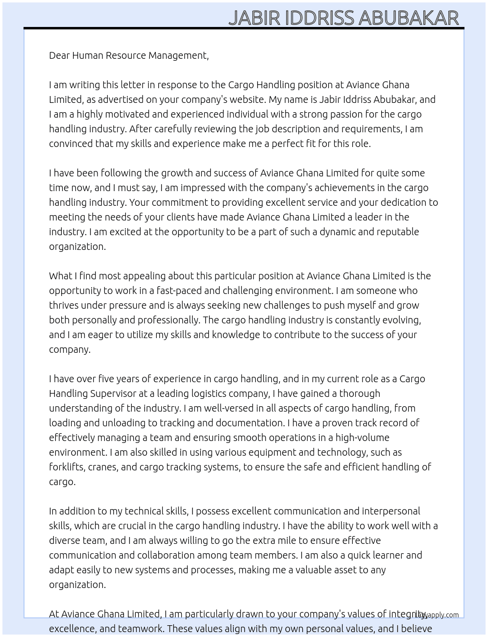 Cargo Handling At Aviance Ghana Limited  Cover Letter