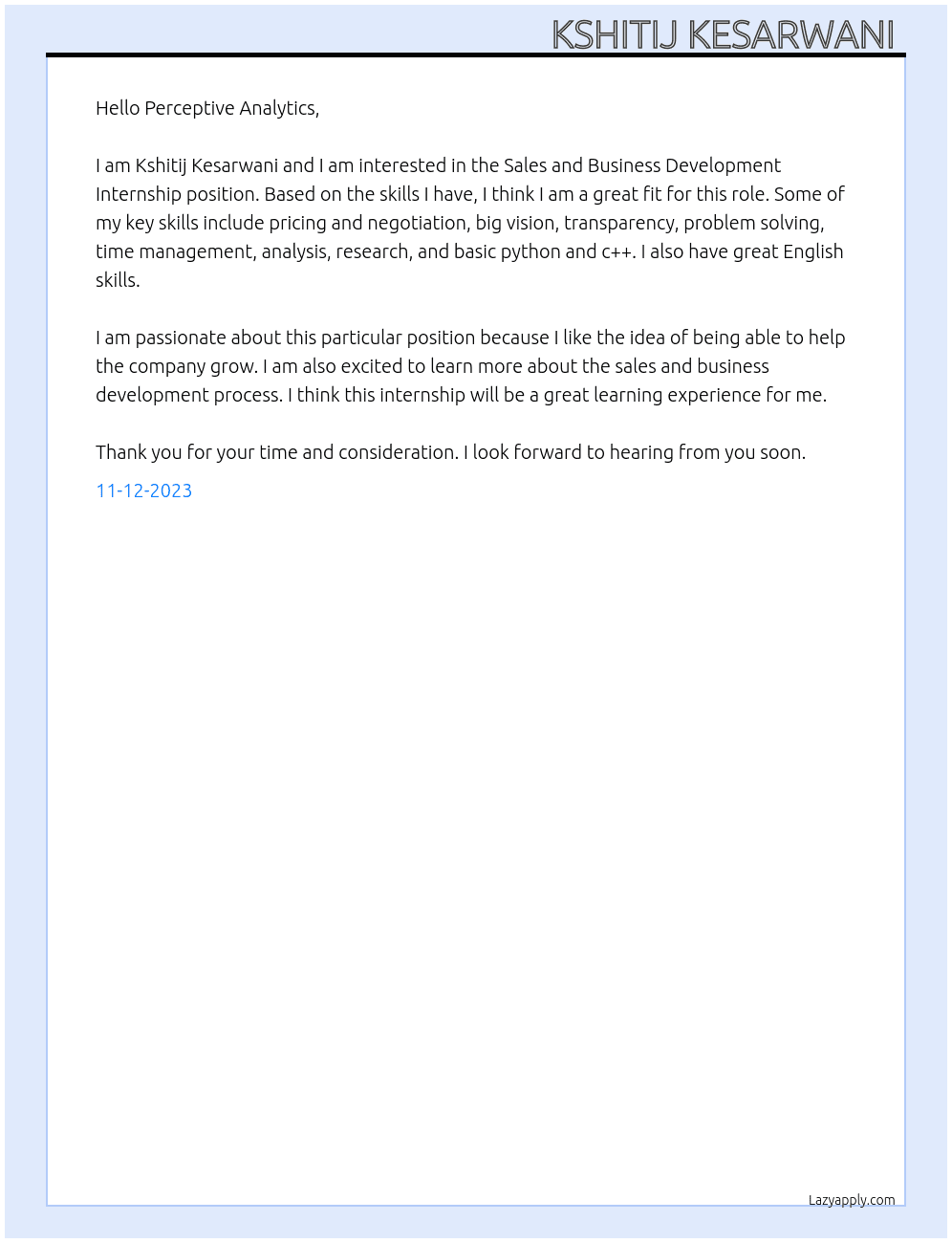 Sales and Business Development Internship  At Perceptive Analytics  Cover Letter