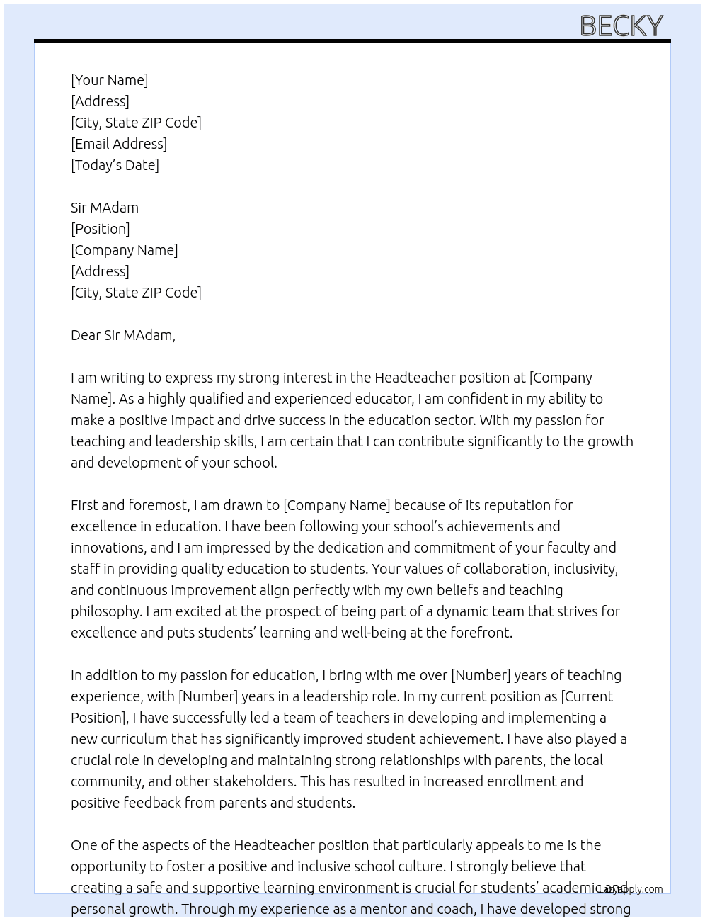 Headteacher  At Education  Cover Letter