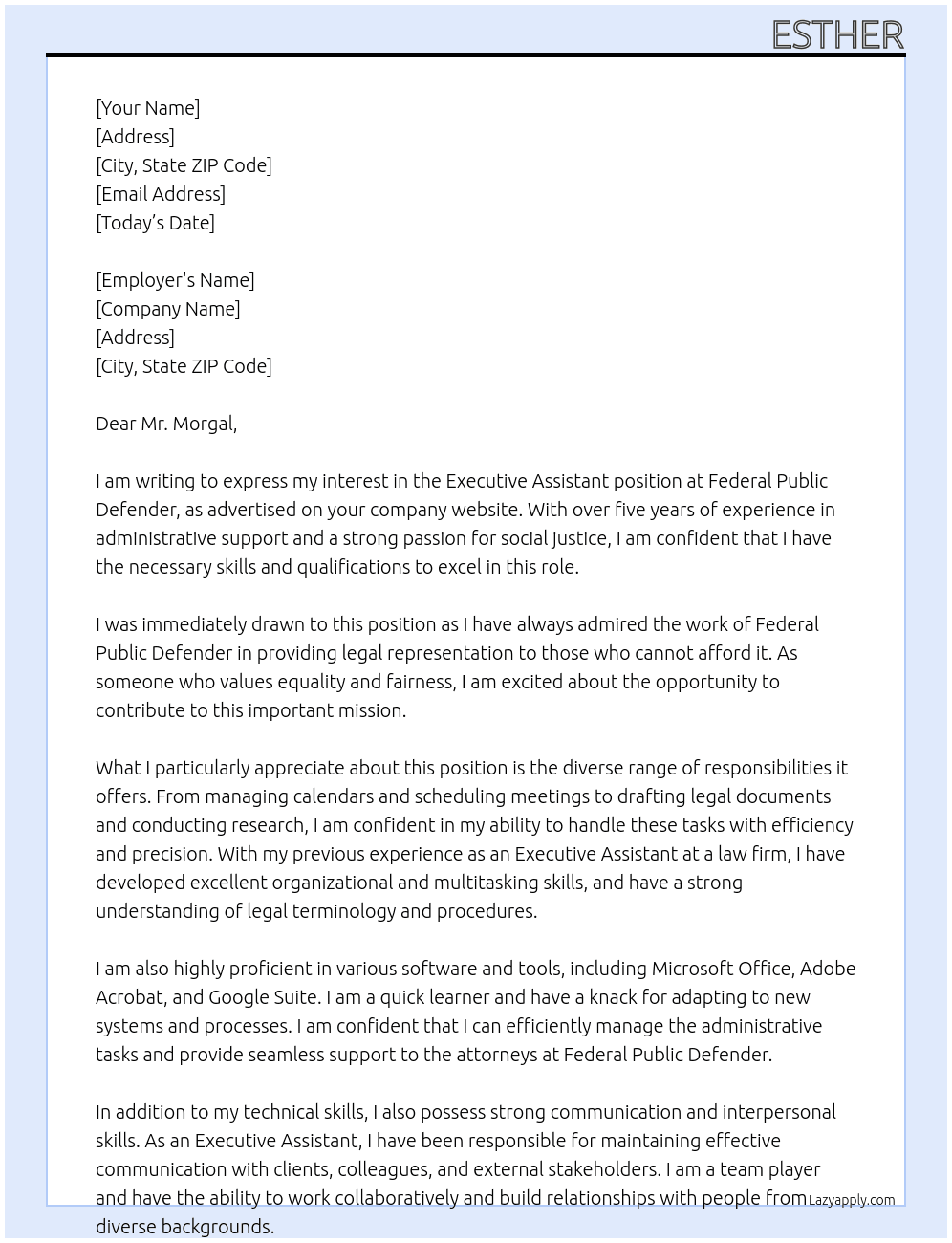 Executive Assistant At Federal Public Defender Cover Letter