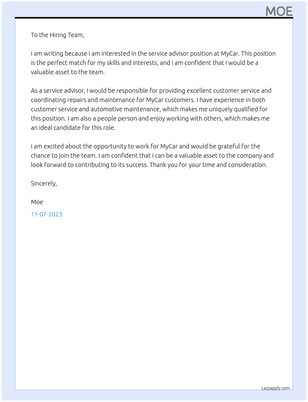 service advisor At MyCar Cover Letter