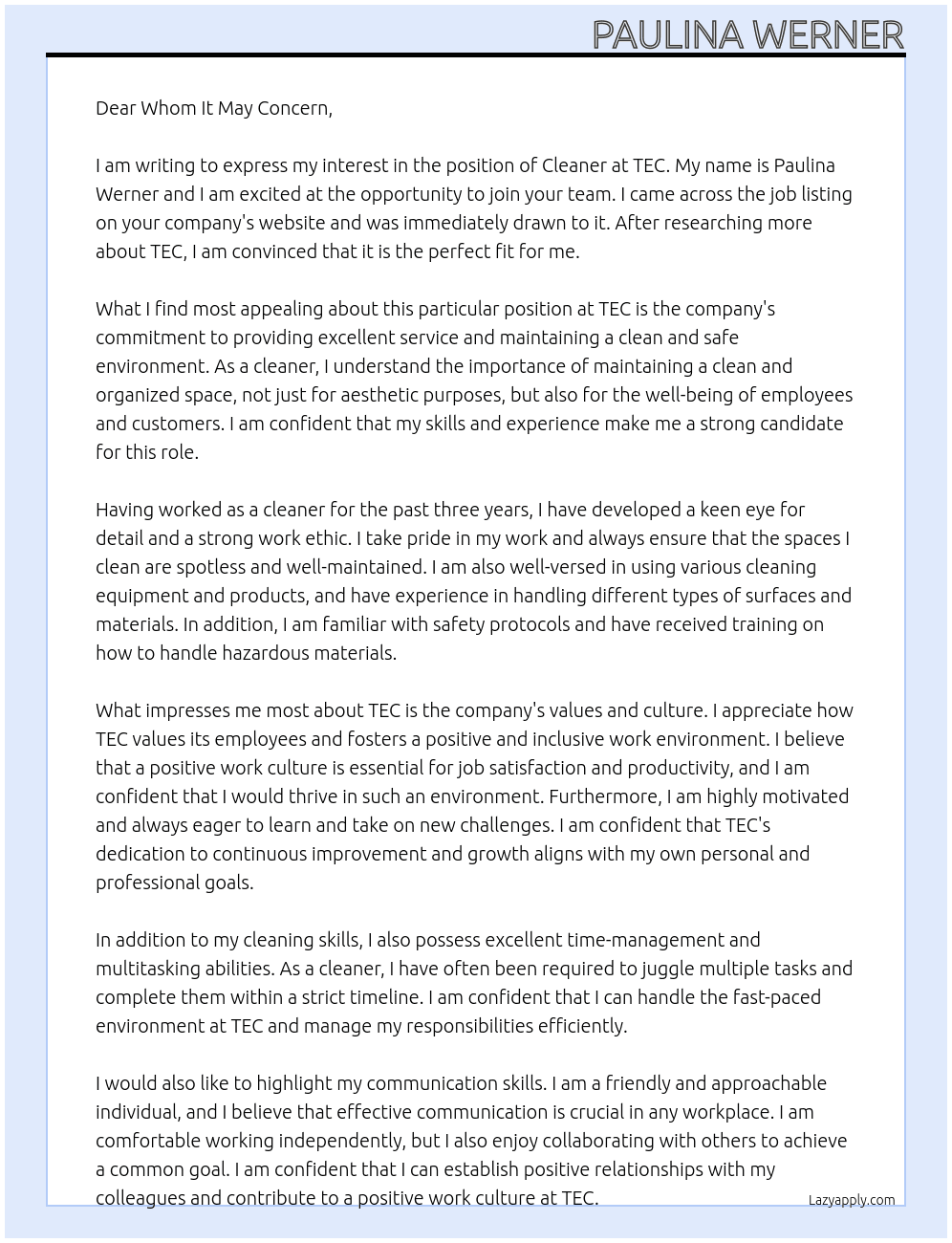 Cleaner  At TEC Cover Letter