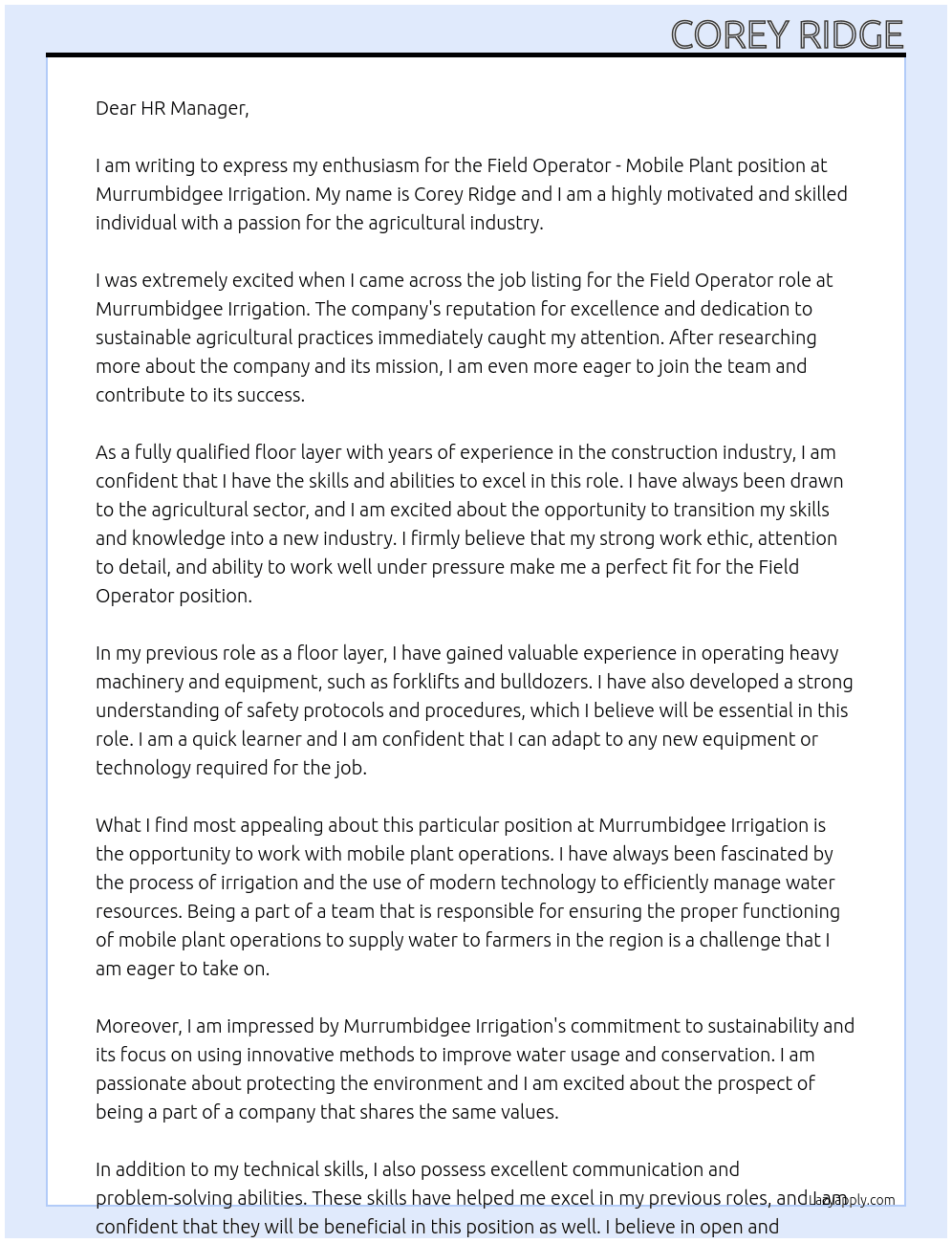 Field Operator - Mobile Plant At Murrumbidgee irrigation  Cover Letter