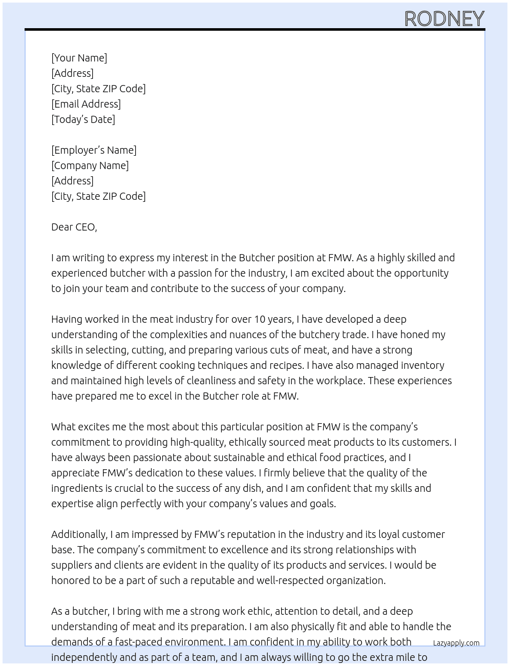 butcher At FMW Cover Letter