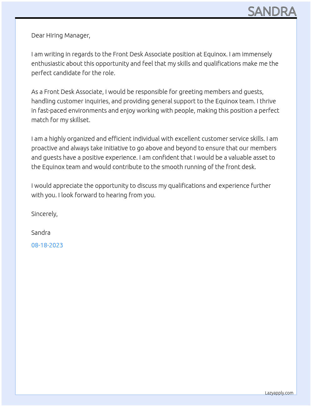 Front Desk Associate At Equinox Cover Letter