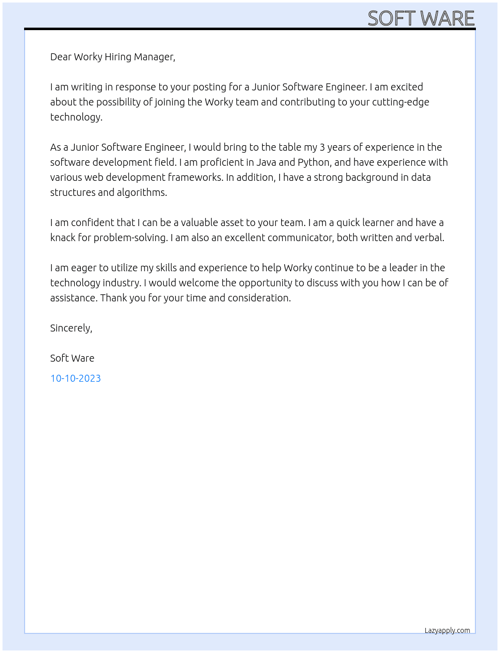 Junior Software Engineer At Worky Cover Letter