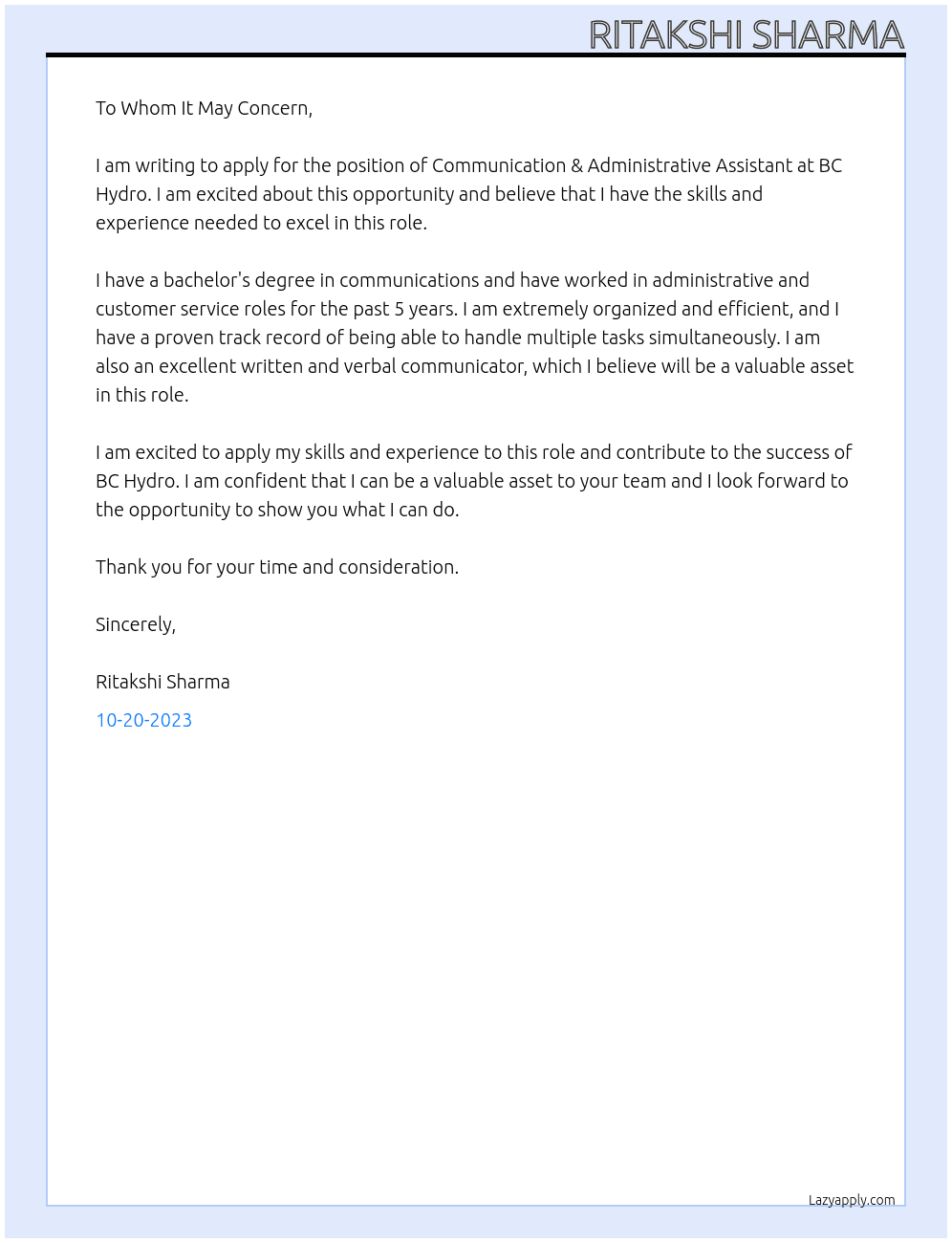 Communication & Administrative Assistant At BC Hydro Cover Letter
