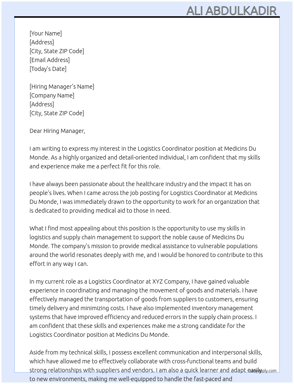 Logistics Coordinator  At Medicins Du Monde Cover Letter