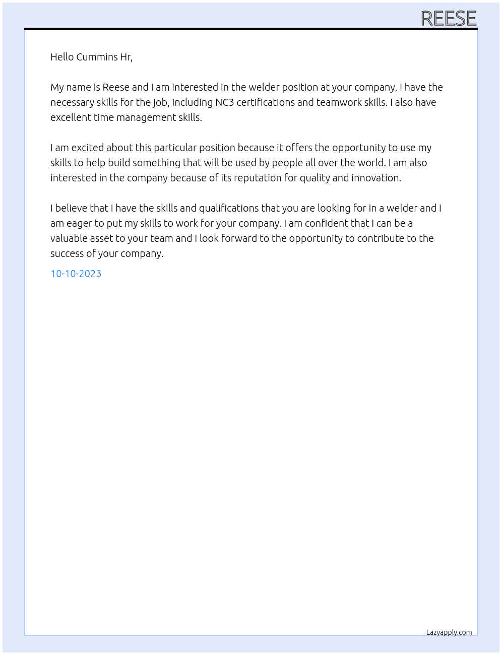 Welder At Cummins Cover Letter