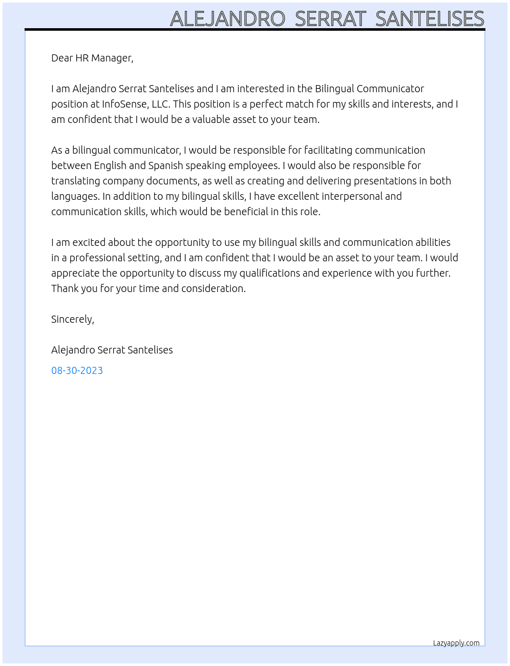 Bilingual Communicator At InfoSense, LLC Cover Letter