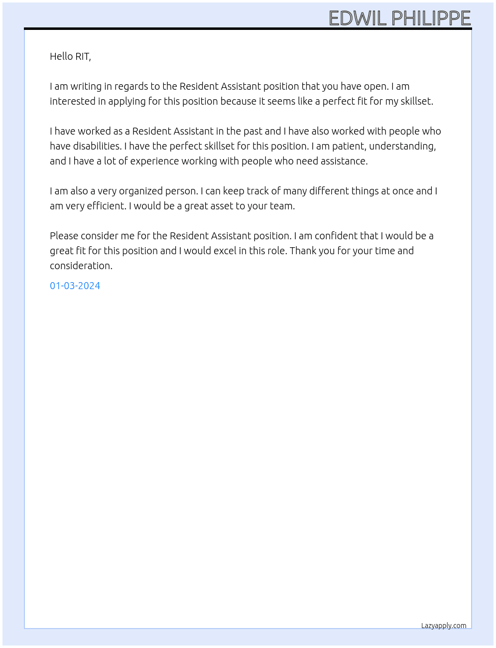 Residant Assistant At RIT Cover Letter