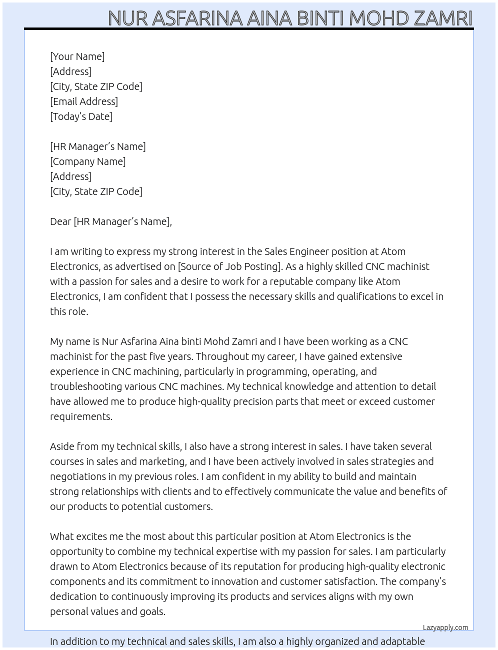sales engineer At atom electronics Cover Letter