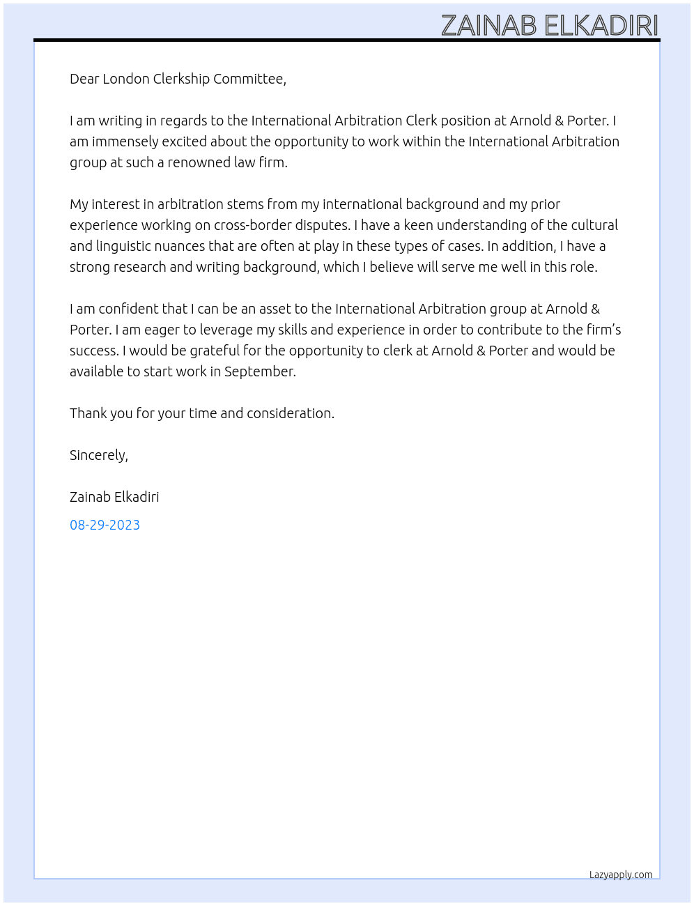 International Arbitration Clerk At Arnold & Porter Cover Letter