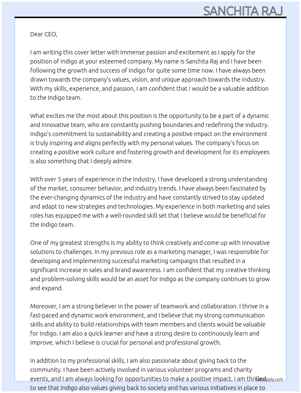 Indigo At Indigo Cover Letter