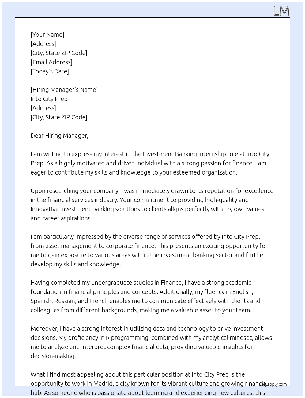 Investment Banking At Into City Prep  Cover Letter