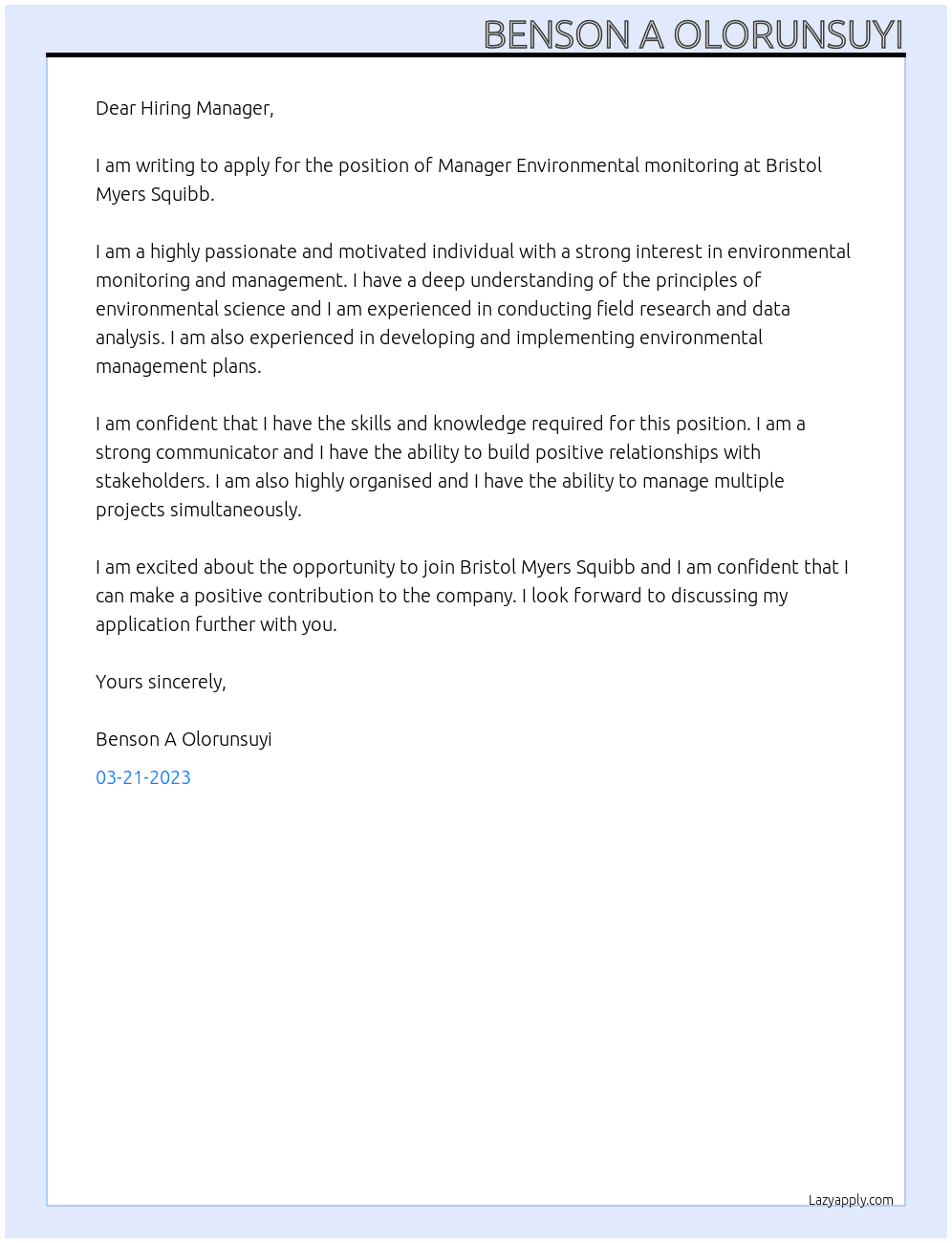 Manager Environmental monitoring At Bristol Myers Squibb Cover Letter