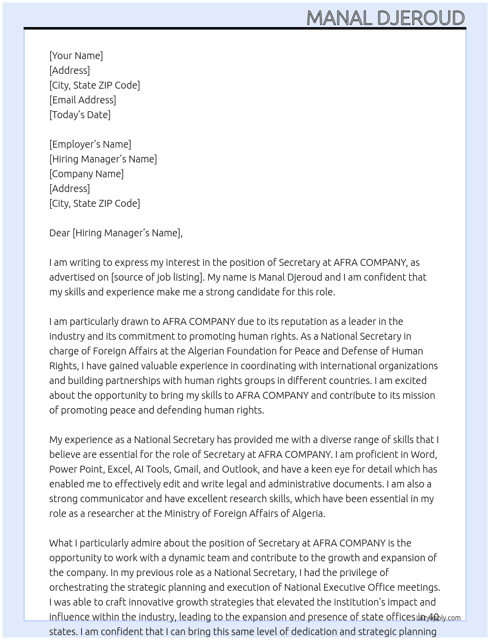 secretary At AFRA COMPANY Cover Letter