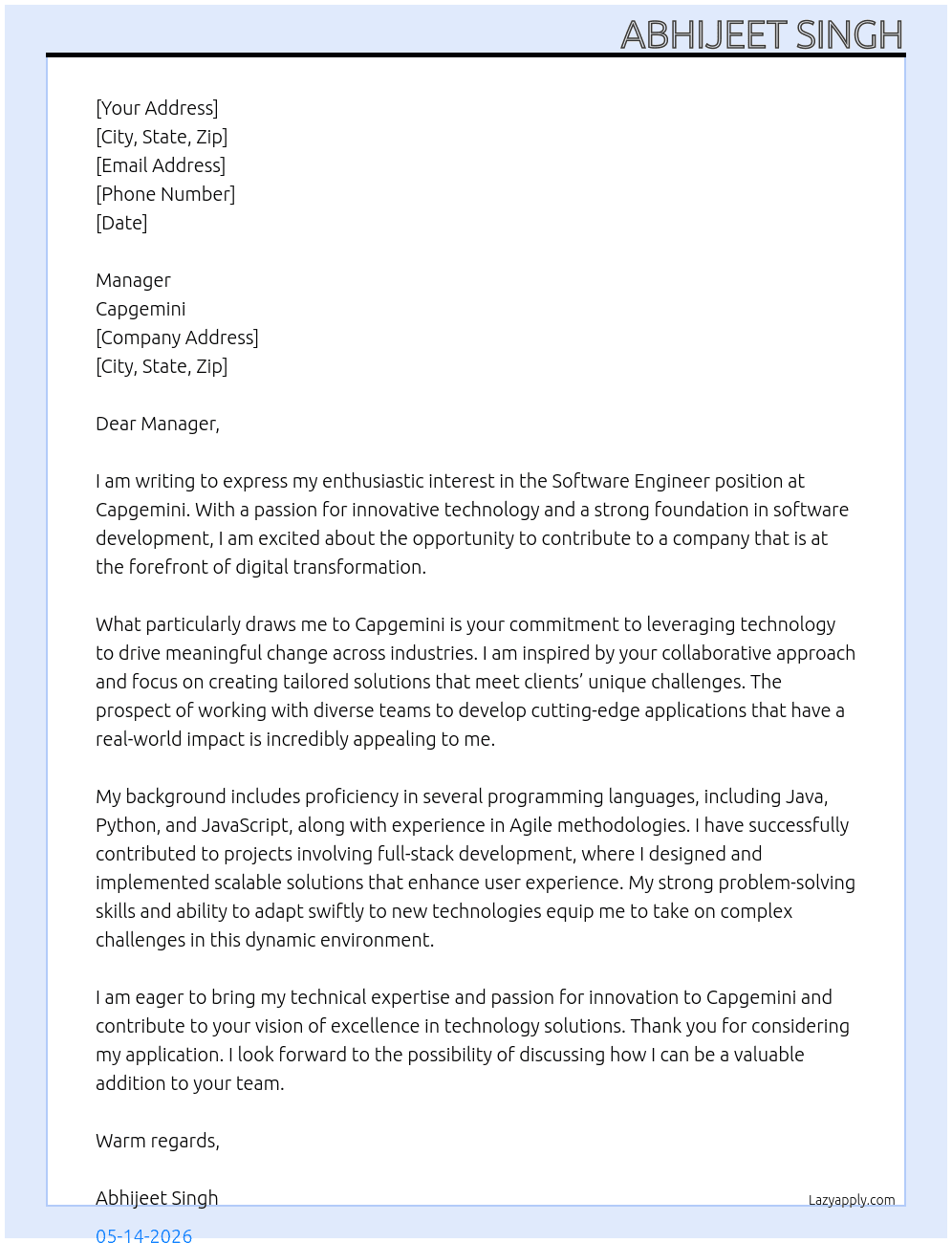 Software Engineer At CApagemini Cover Letter