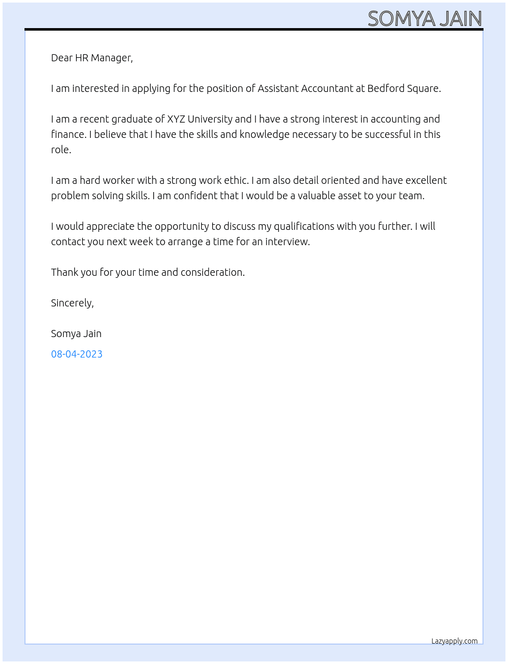 Assistant Accountant At Bedford Square Cover Letter