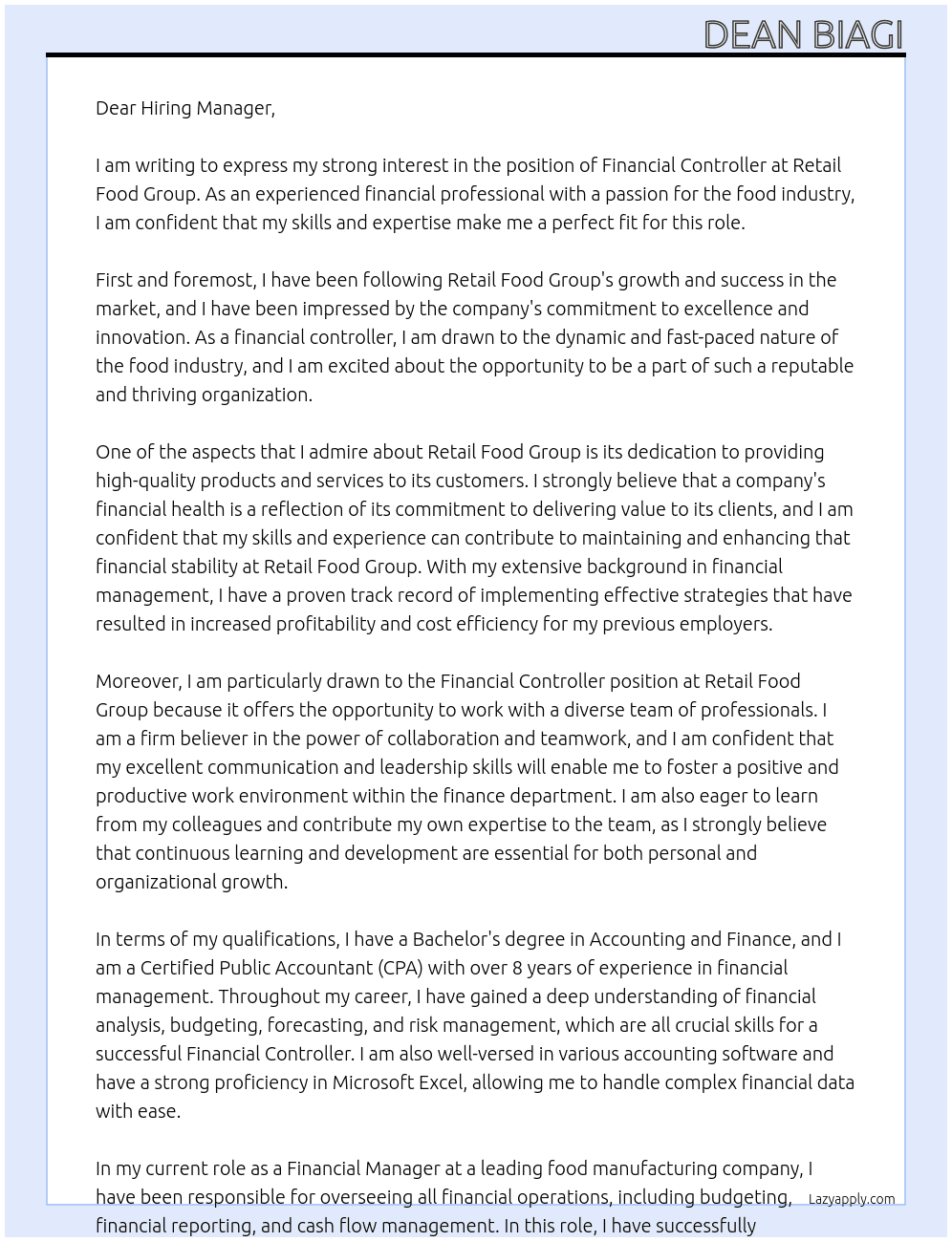 Financial Controller At Retail Food Group Cover Letter