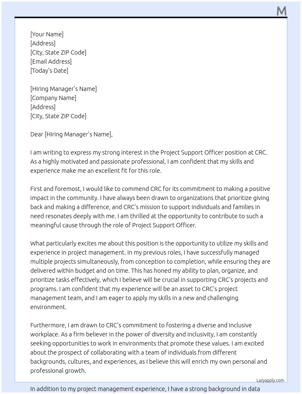 Project Support Officer At CRC Cover Letter
