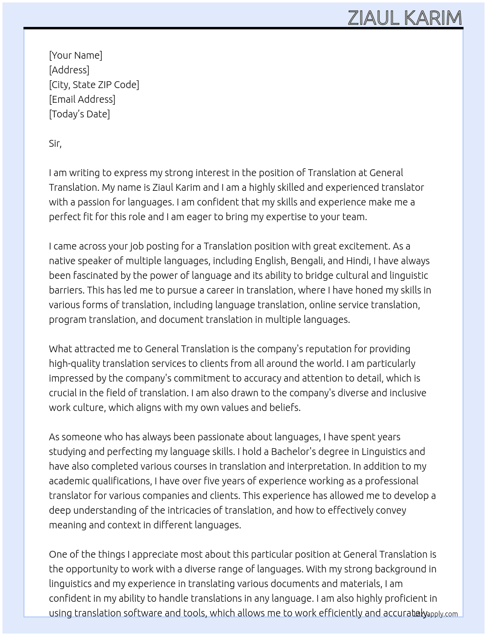 Translation  At General translation  Cover Letter