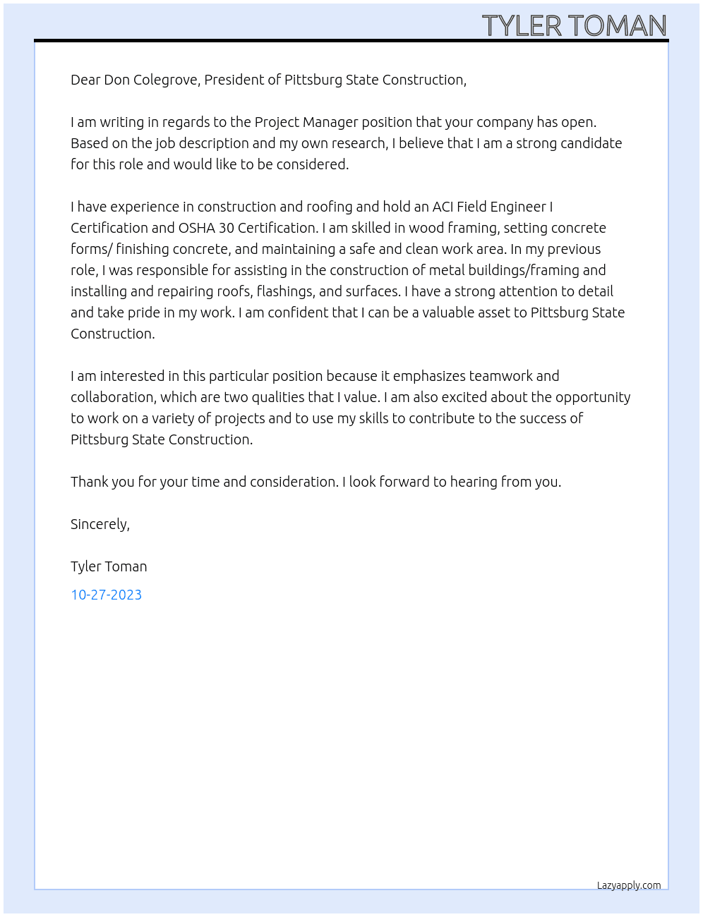 Project Manager At Pittsburg State Construction Cover Letter