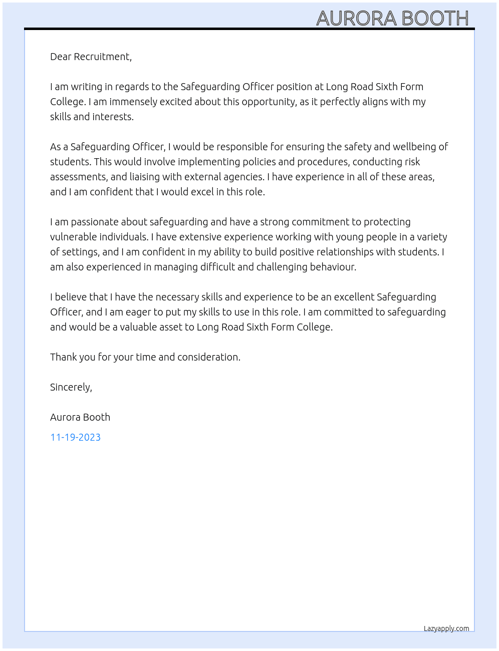 Safeguarding Officer At Long Road Sixth Form College Cover Letter
