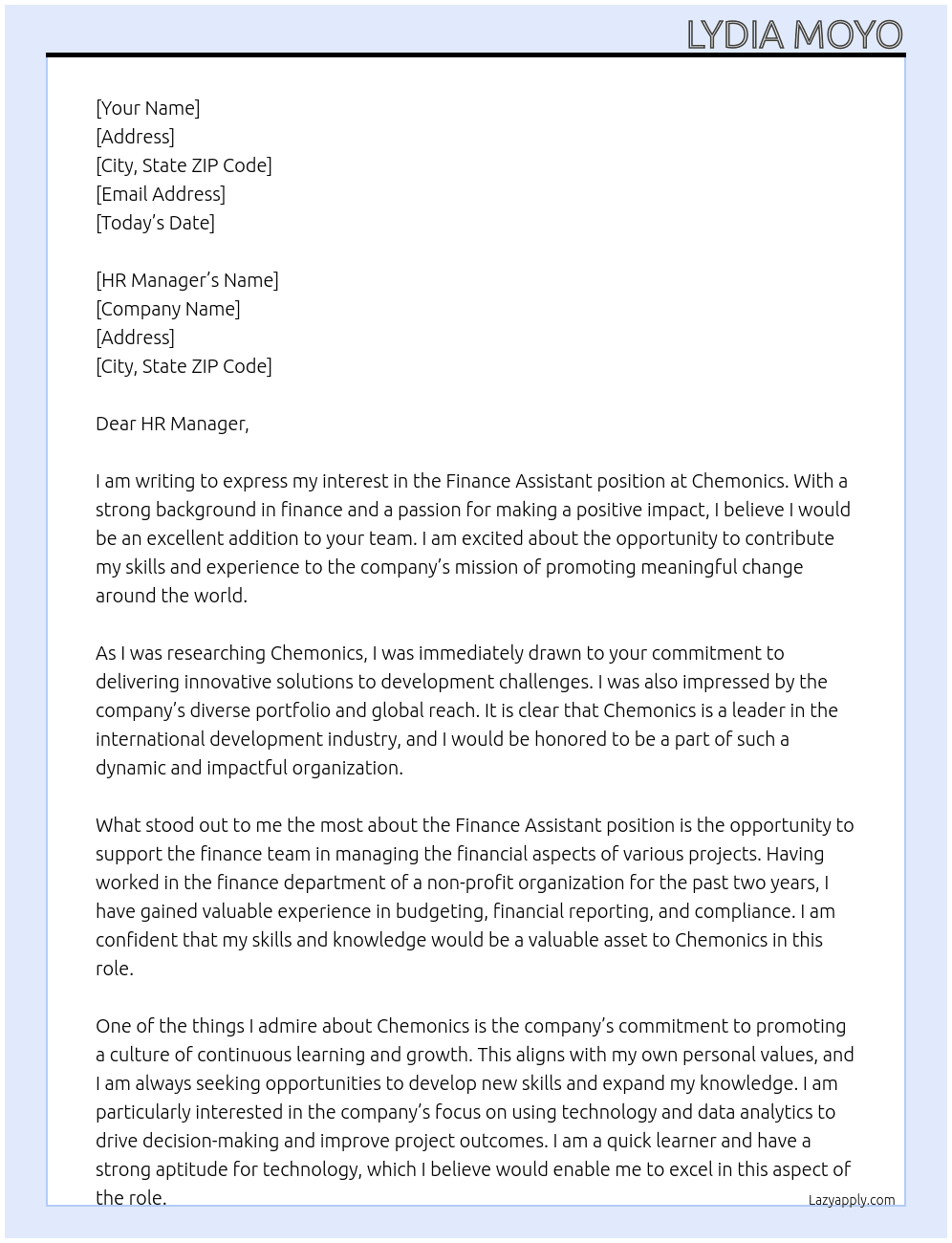 Finance assistant At Chemonics Cover Letter