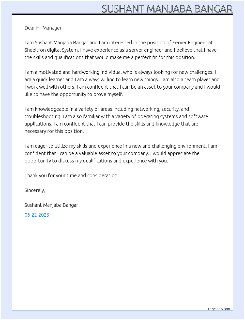 Server Engineer At Sheeltron digital System Cover Letter