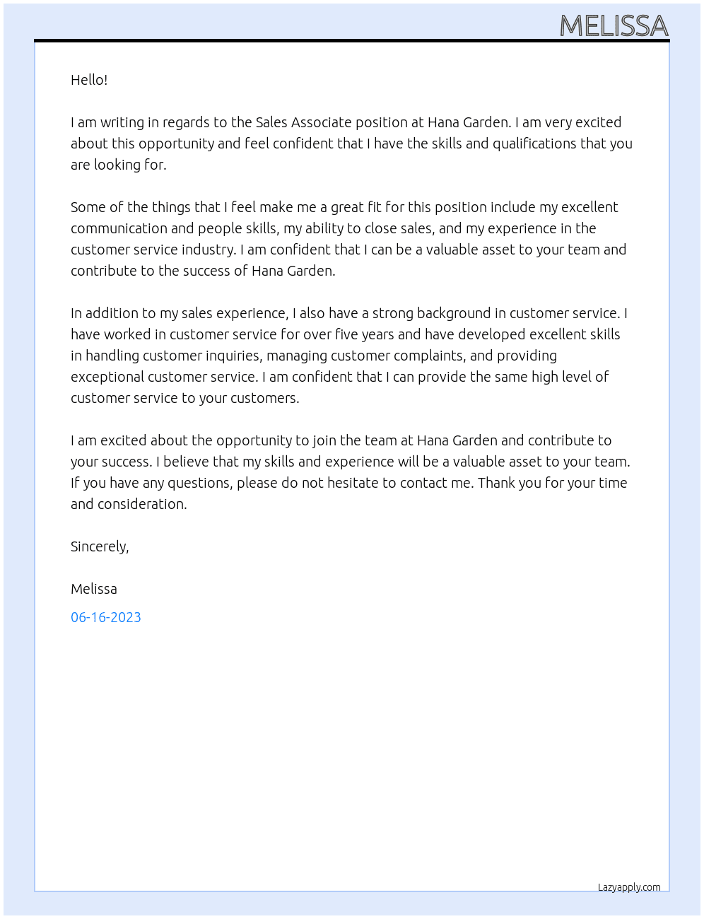 Sales Associate At Hana Garden Cover Letter