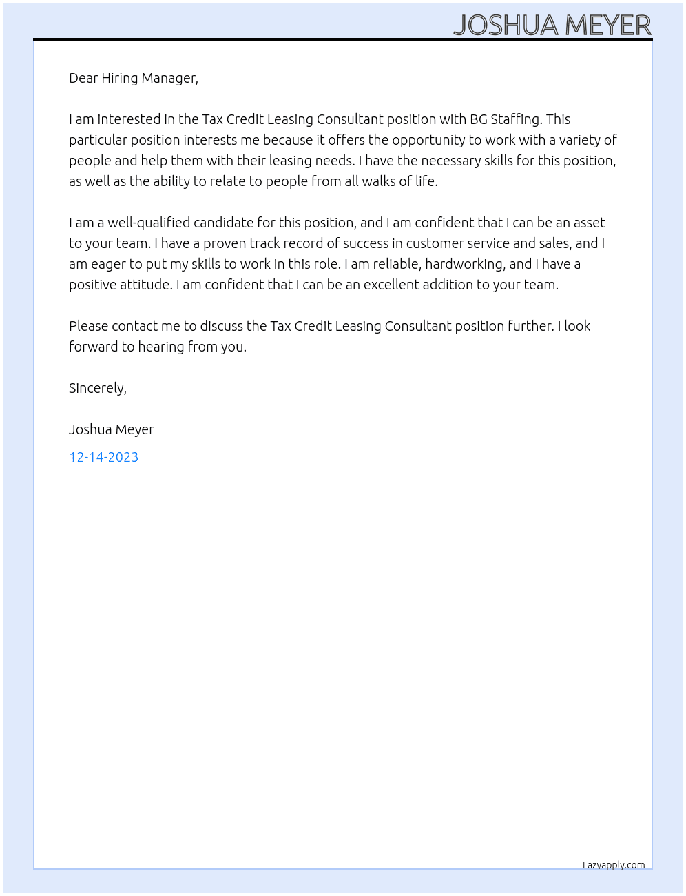 Tax Credit Leasing Consultant At BG Staffing Cover Letter