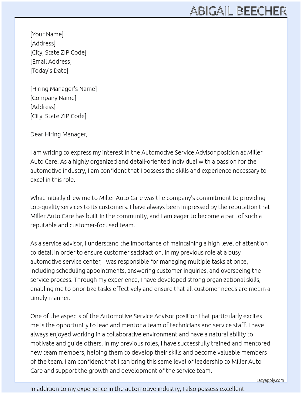 Automotive Service Advisor At Miller Auto Care Cover Letter