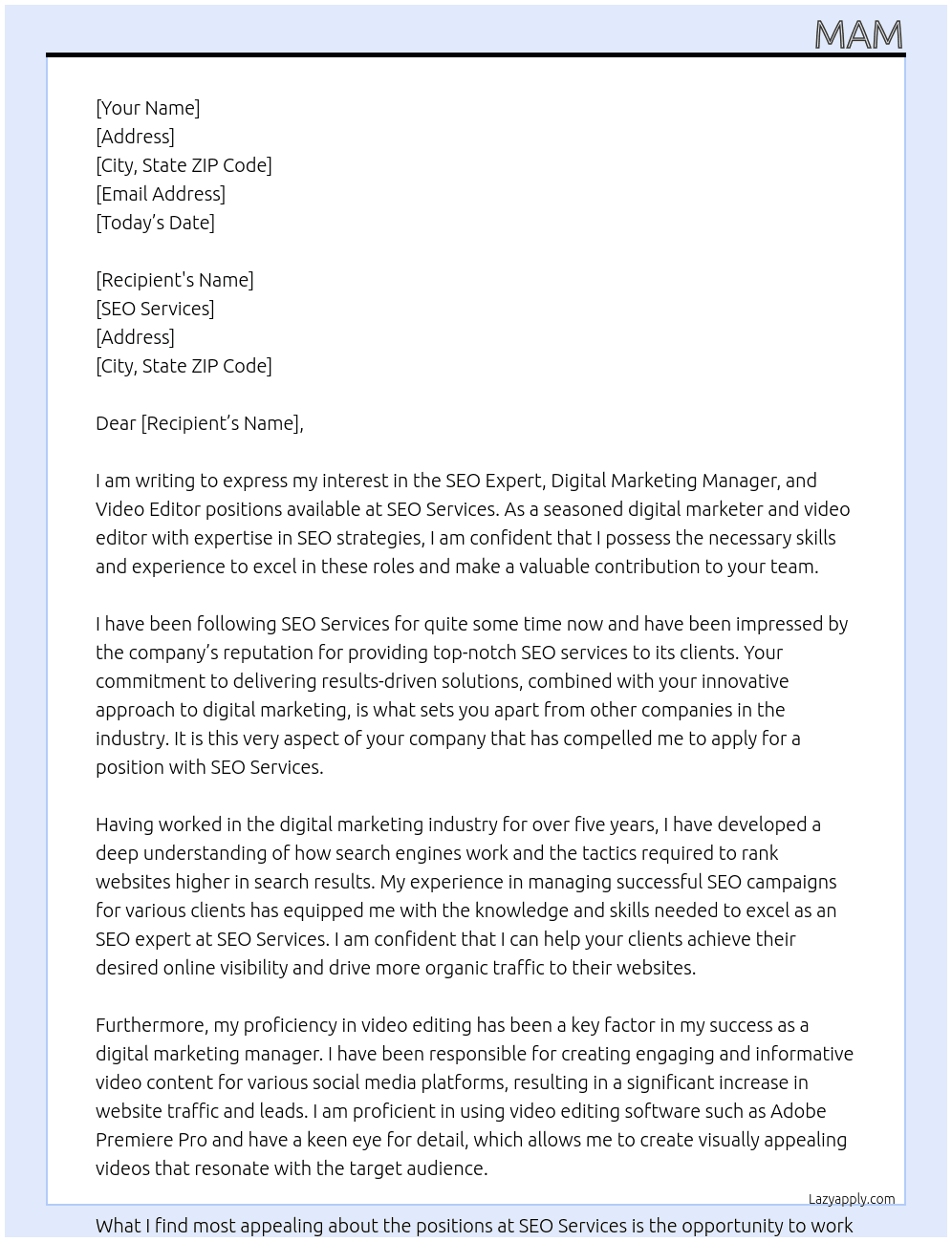 SEO Expert, Digital Marketing Manager, video editor At SEO Services Cover Letter