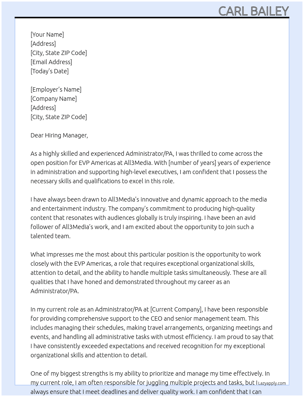 Administrator/PA, EVP Americas At All3Media  Cover Letter