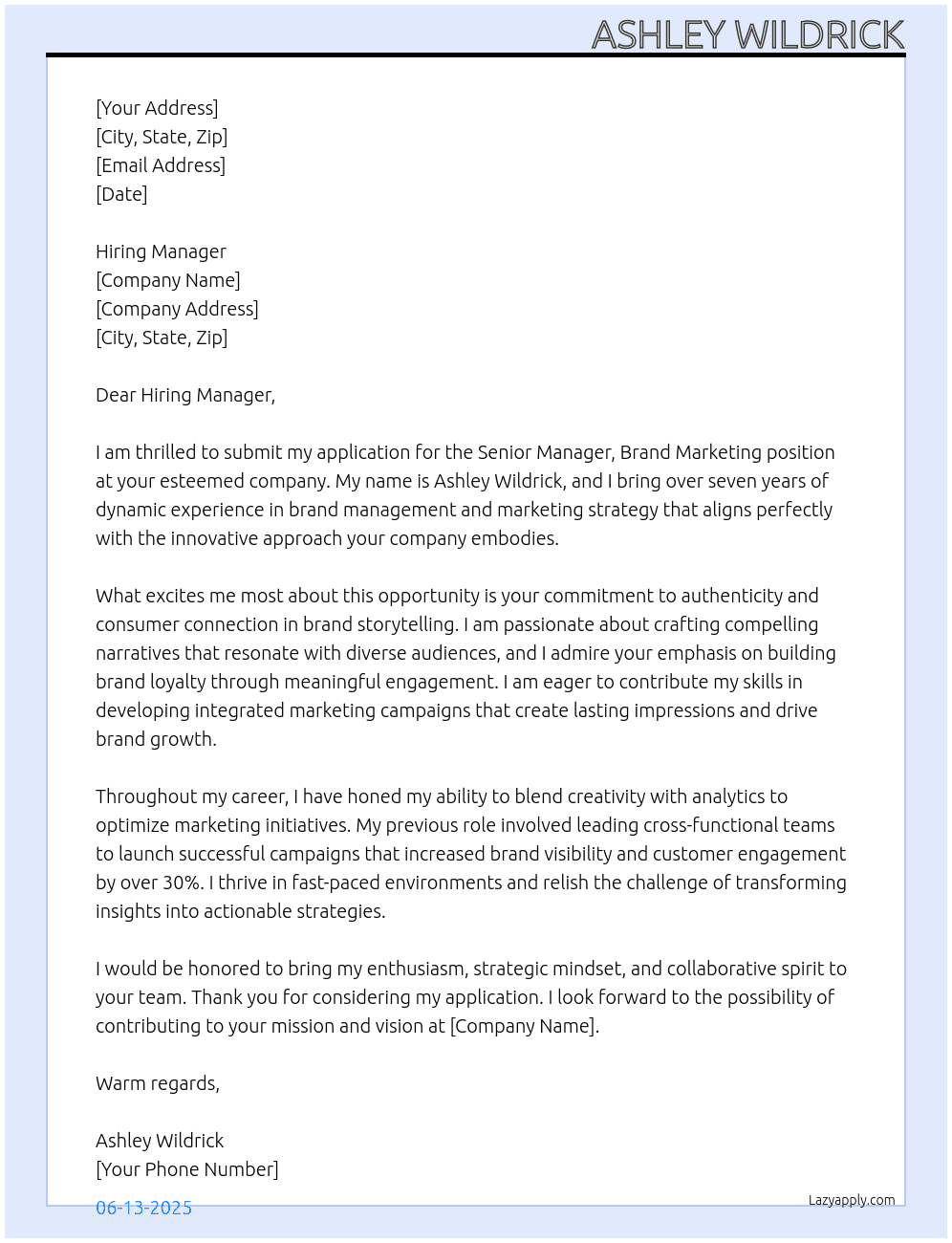 Cover letter for senior manager, brand marketing - LazyApply