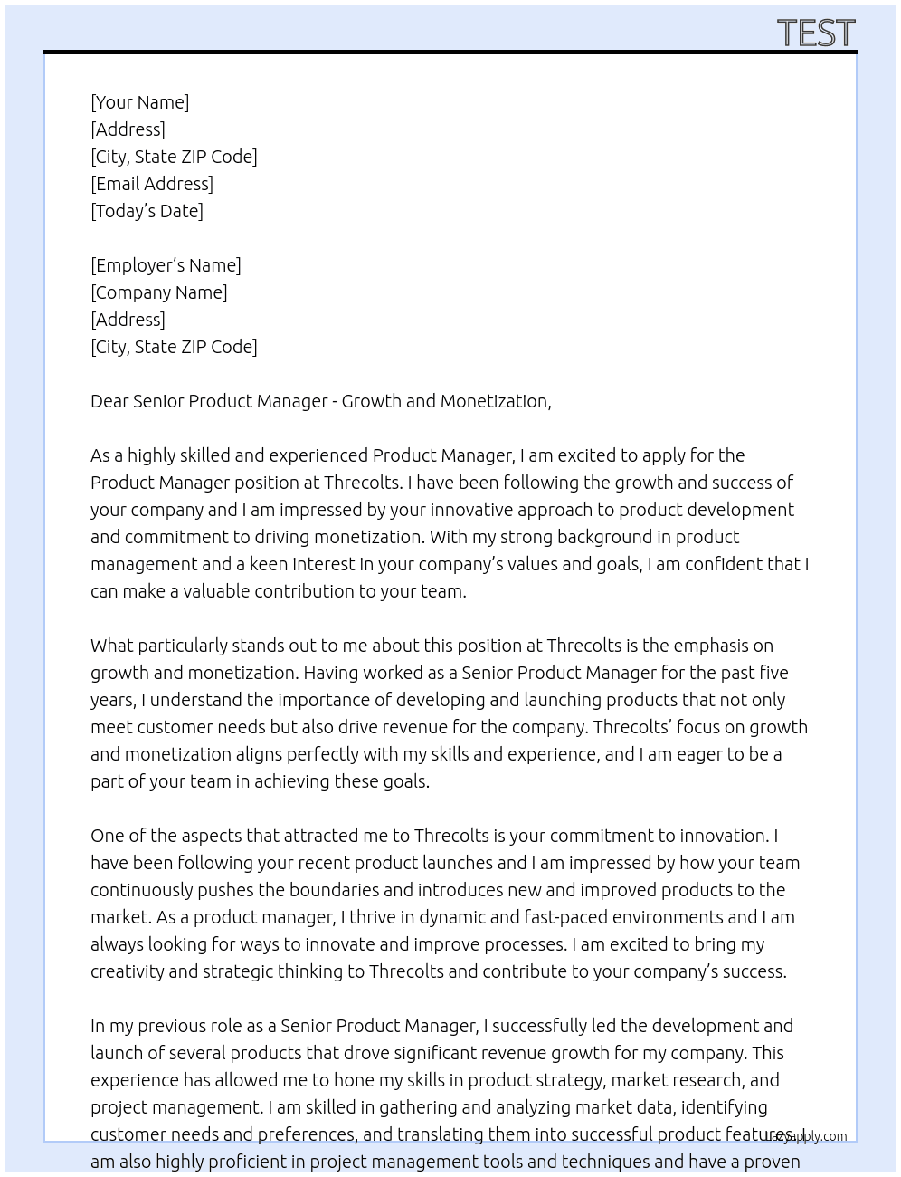 Product Manager At Threcolts Cover Letter