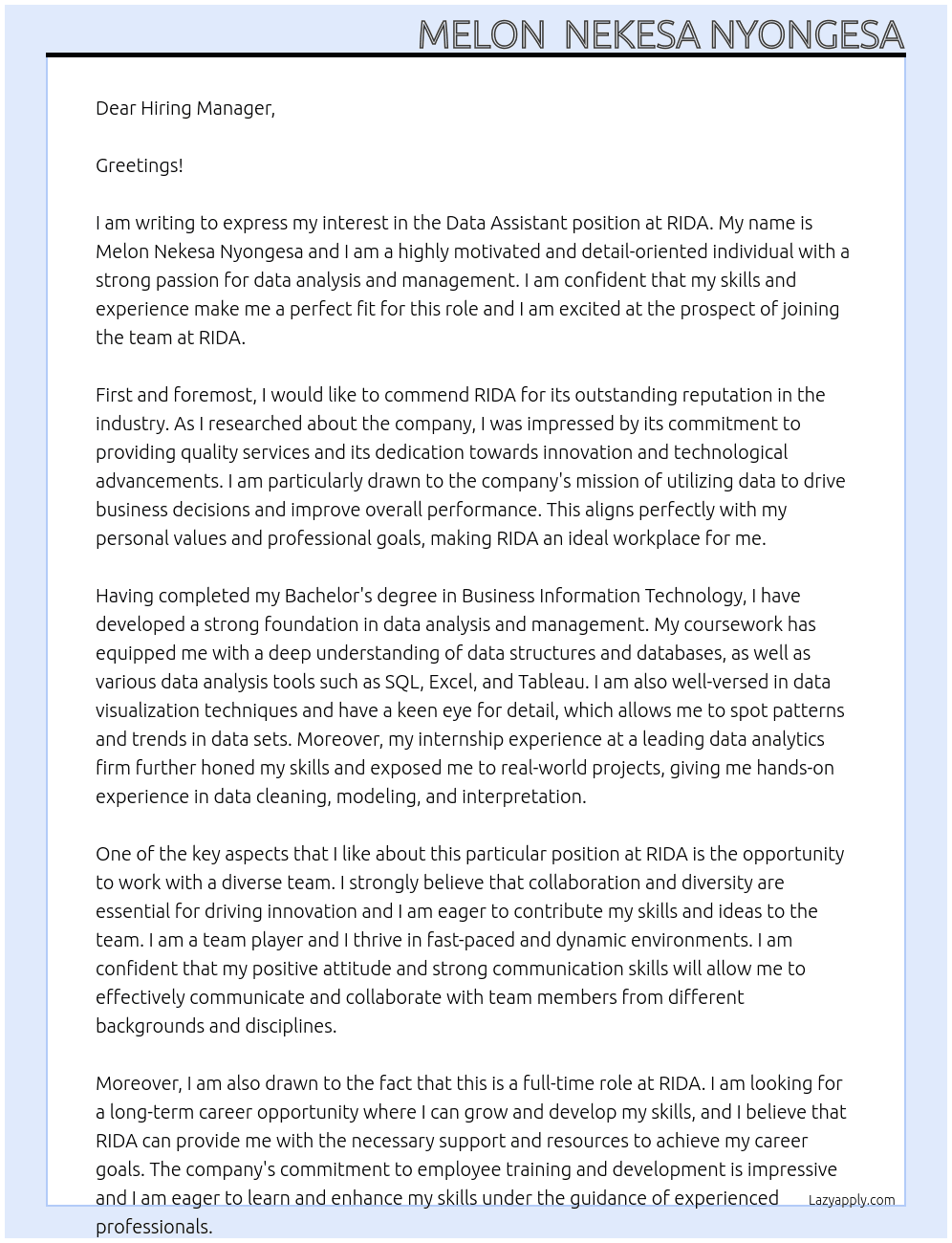 Data assistant At RIDA Cover Letter