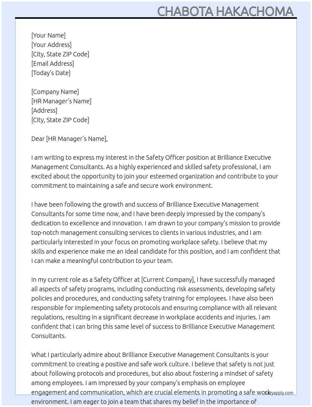 Safety Officer  At Brilliance Executive Management Consultants Cover Letter