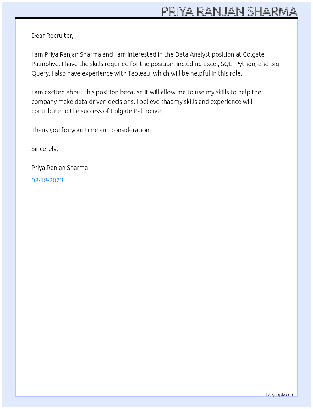 Data Analyst At Colgate Palmolive Cover Letter