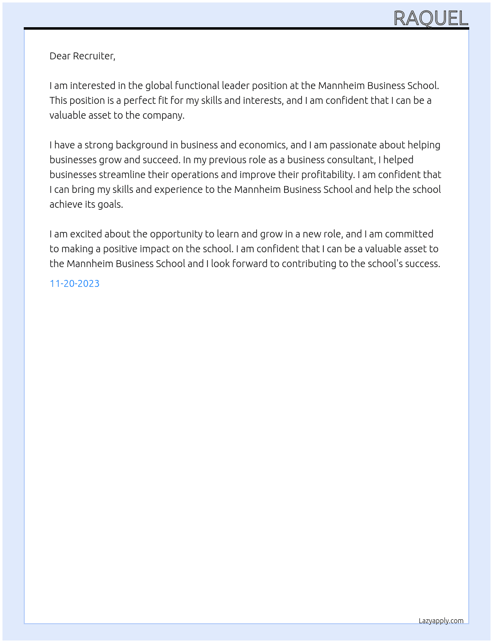 global functional leader At Mannheim business school Cover Letter