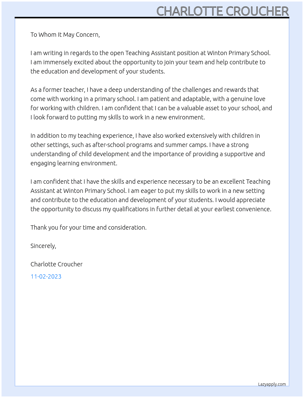 Teaching Assistant At Winton Primary School Cover Letter