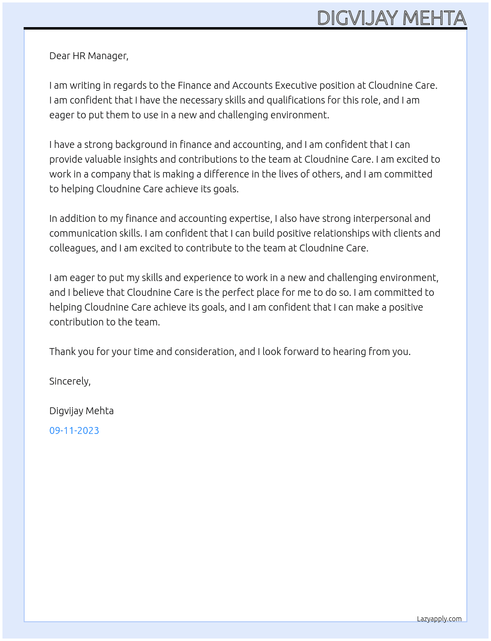 Finance and Accounts Executive  At Cloudnine Care Cover Letter